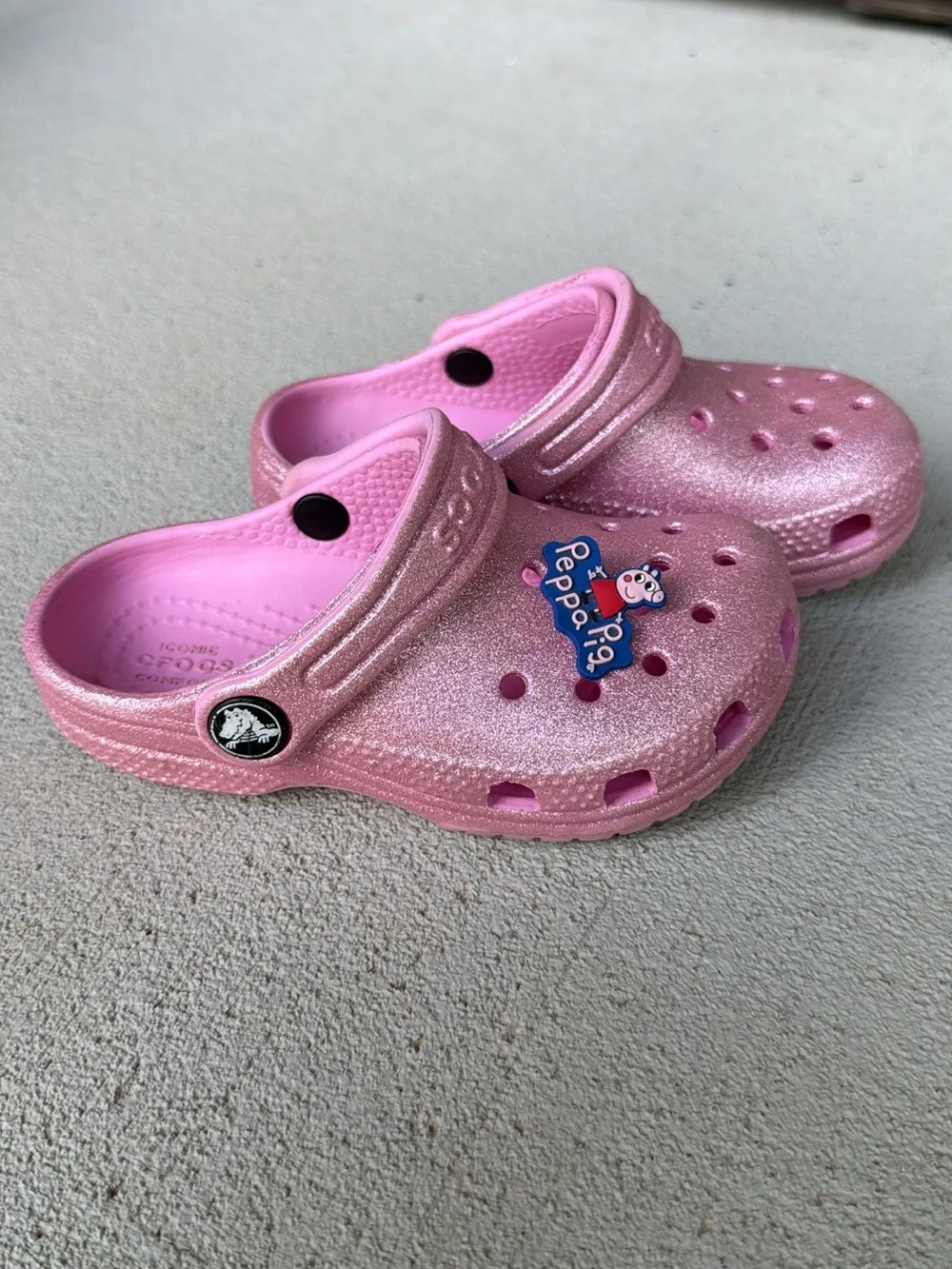 CROCS Kids Glitter Pink Clog Sandals with Peppa Pig Charm